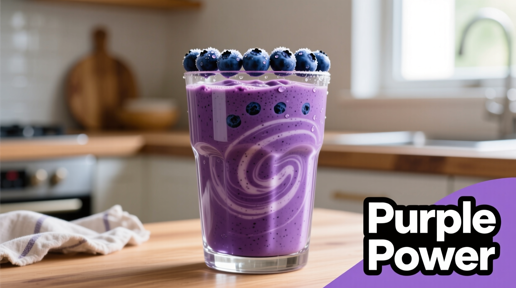 Vibrant purple smoothie in glass with fresh blueberries on rim