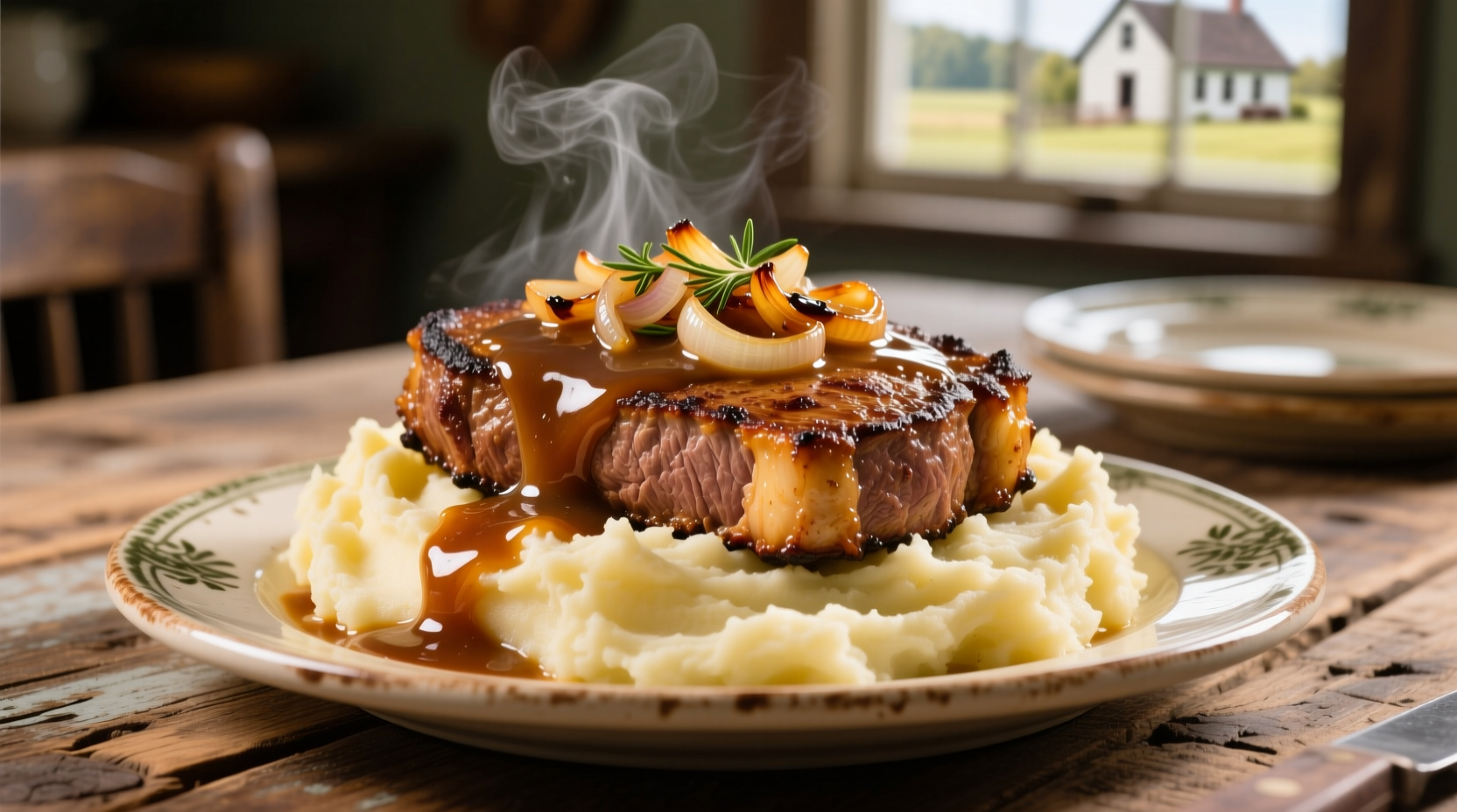 Homemade Salisbury steak with rich onion gravy served over mashed potatoes