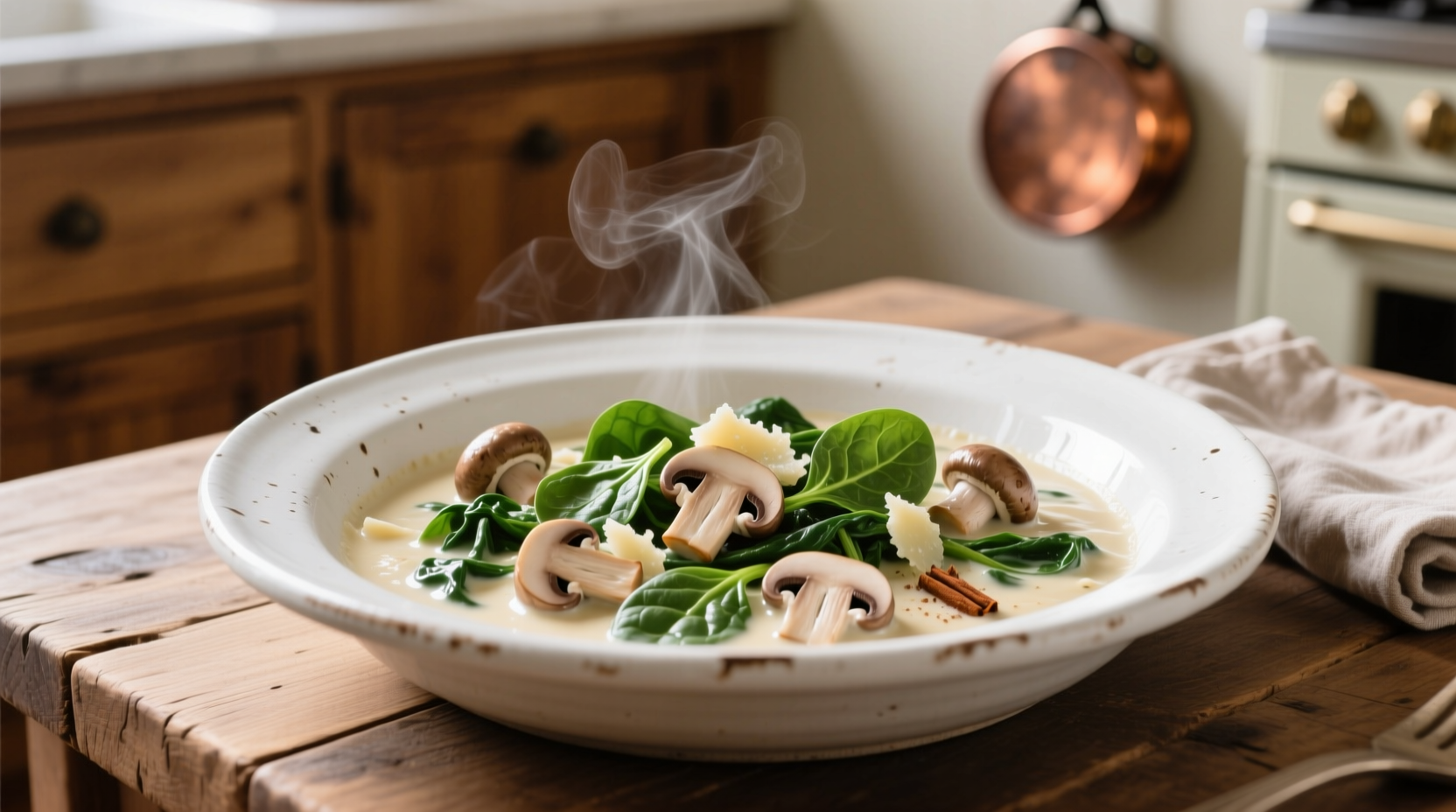 Creamy mushroom spinach sauté in white ceramic dish