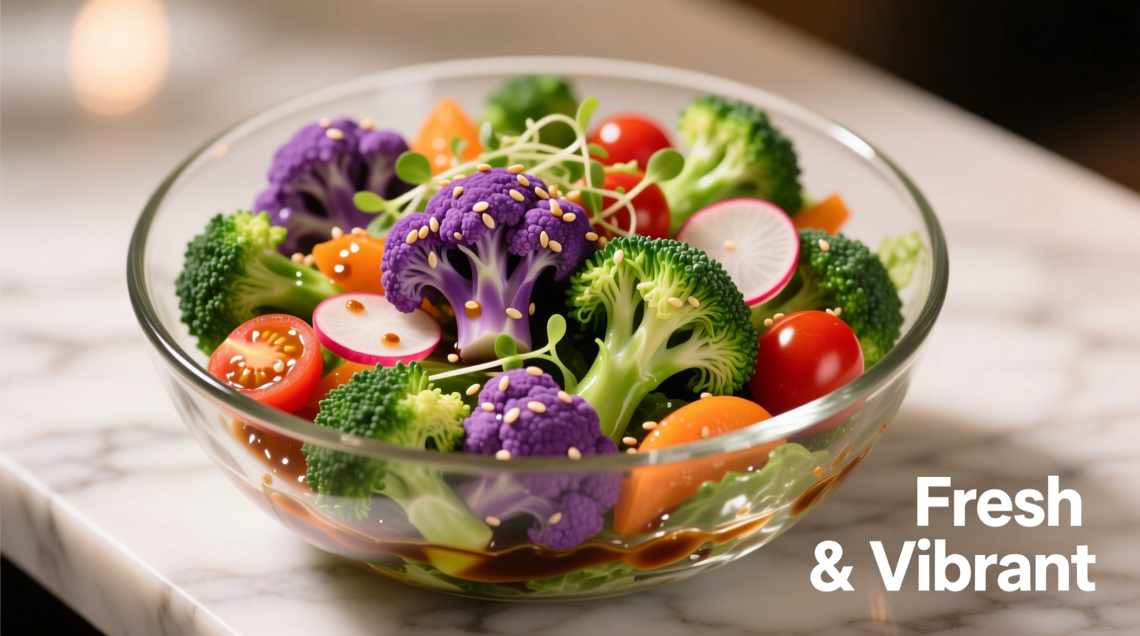Colorful cauliflower broccoli salad in glass bowl