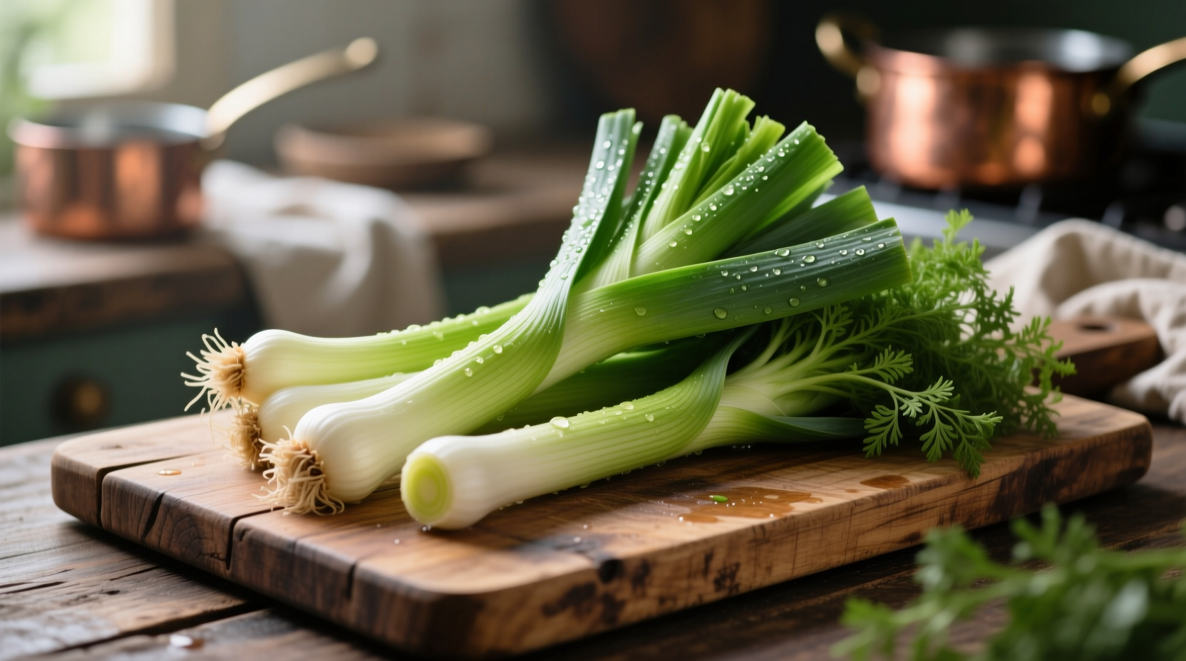 Fresh leeks with green tops on wooden cutting board