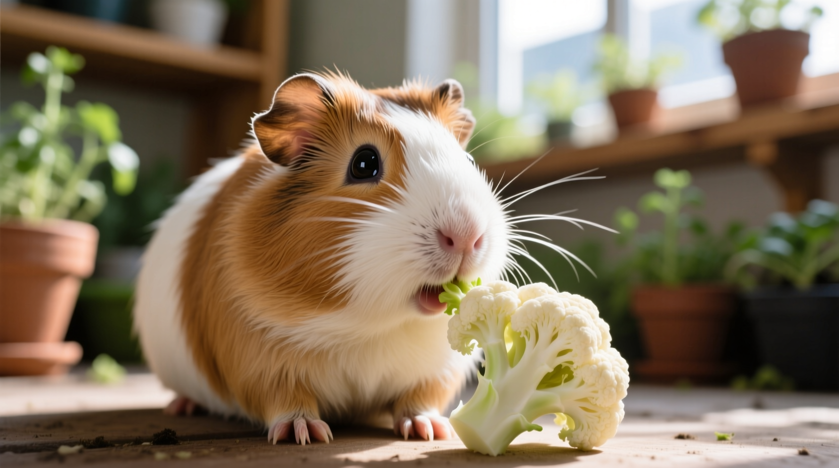 Guinea pig nibbling on small cauliflower floret