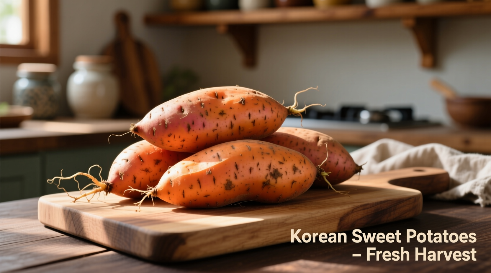 Fresh Korean sweet potatoes on wooden cutting board
