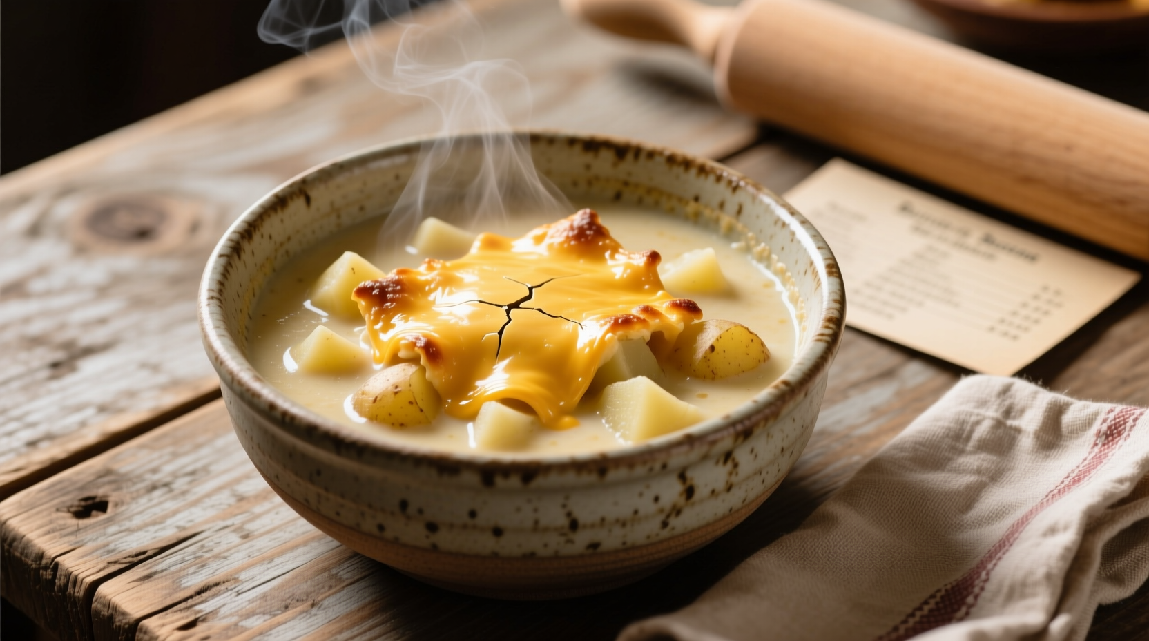 Old fashioned cheesy potato soup in a rustic bowl