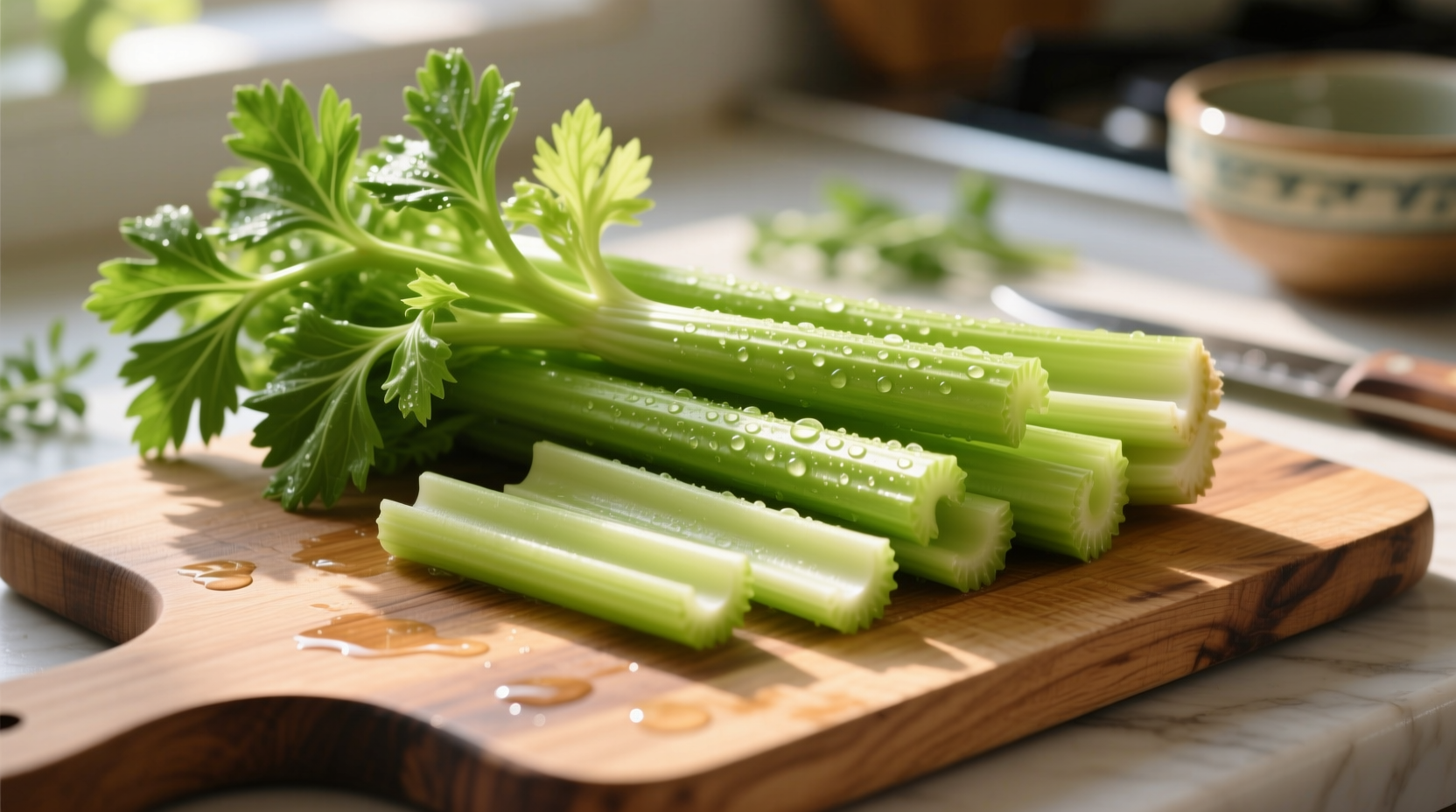 Fresh celery sticks with leaves on wooden cutting board
