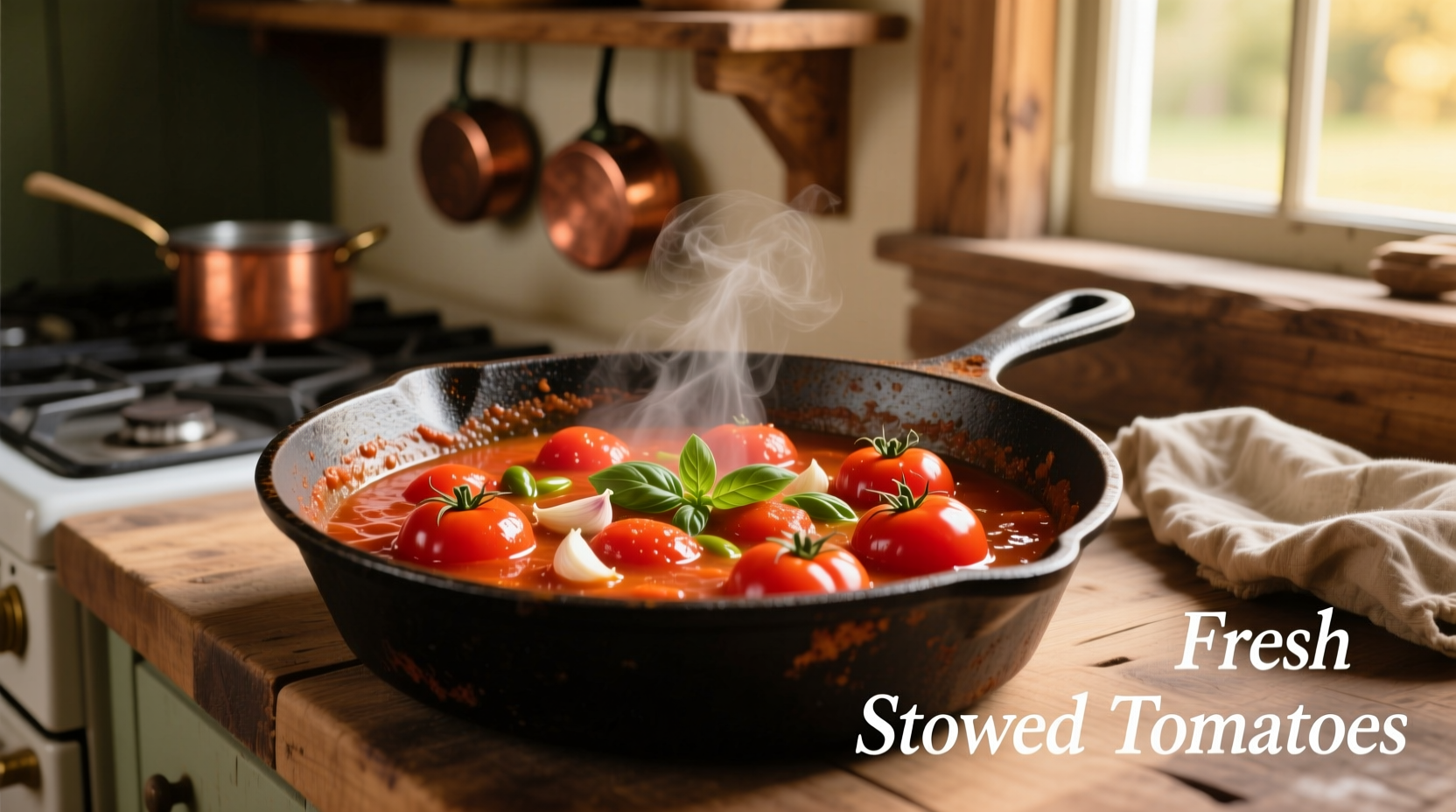 Fresh stewed tomatoes in cast iron skillet