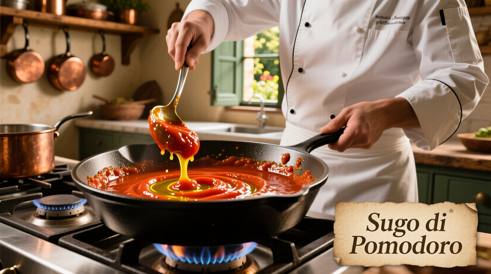Chef stirring tomato paste in olive oil before adding sauce