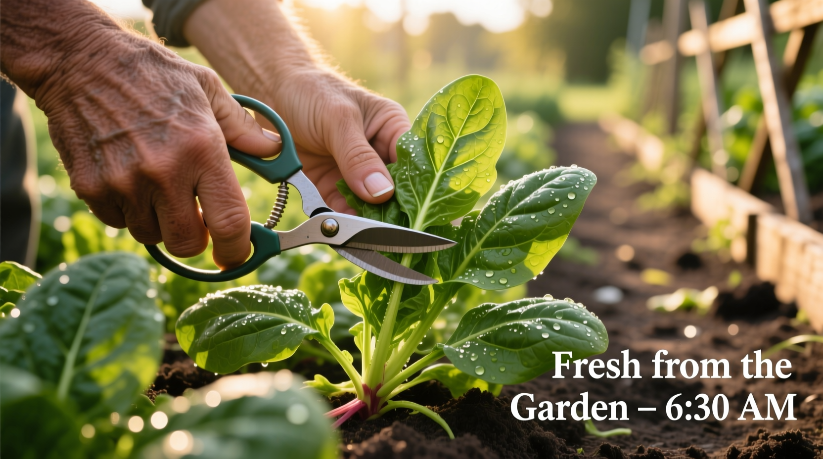Hand harvesting spinach leaves with scissors in morning garden