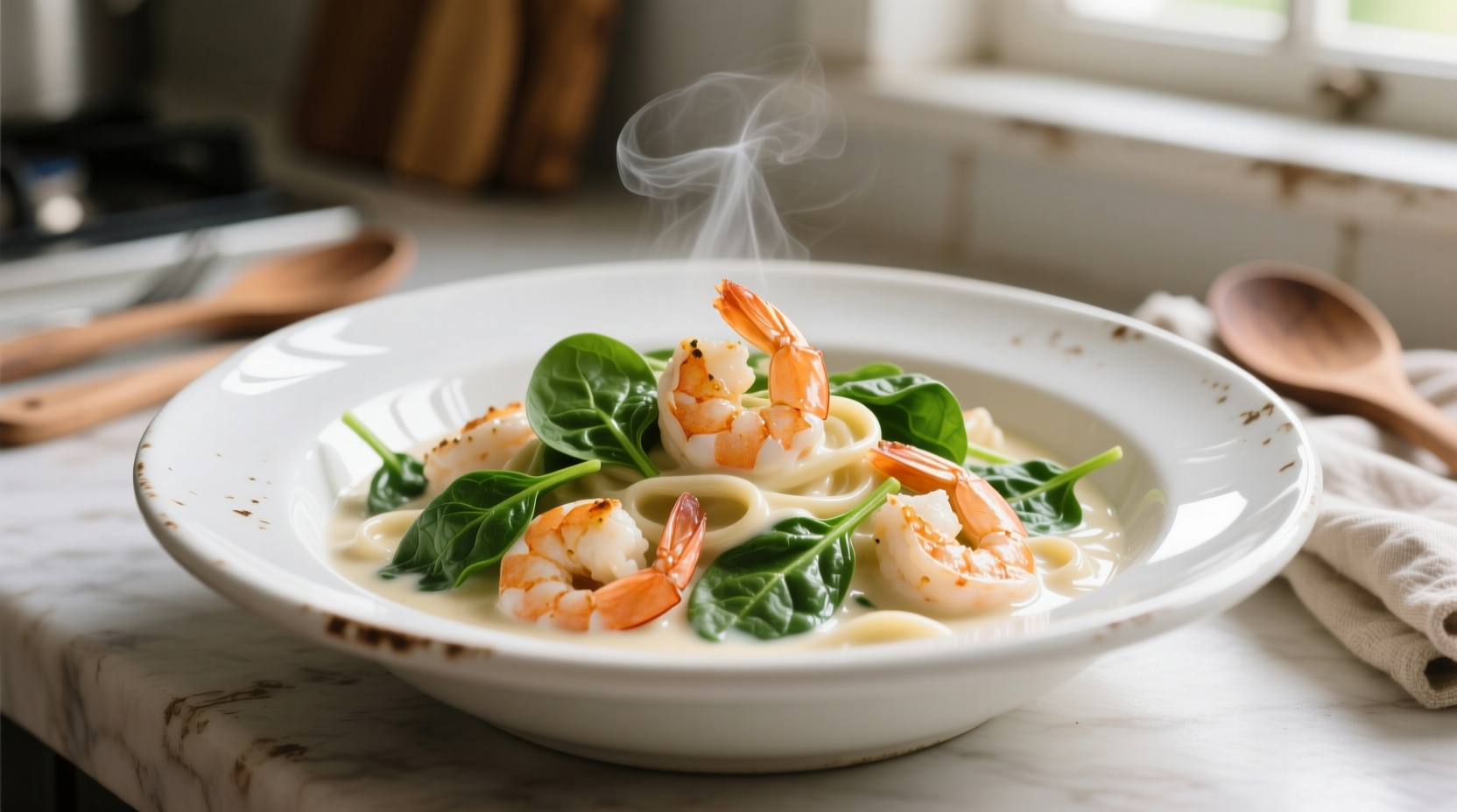 Creamy shrimp alfredo with spinach in white bowl