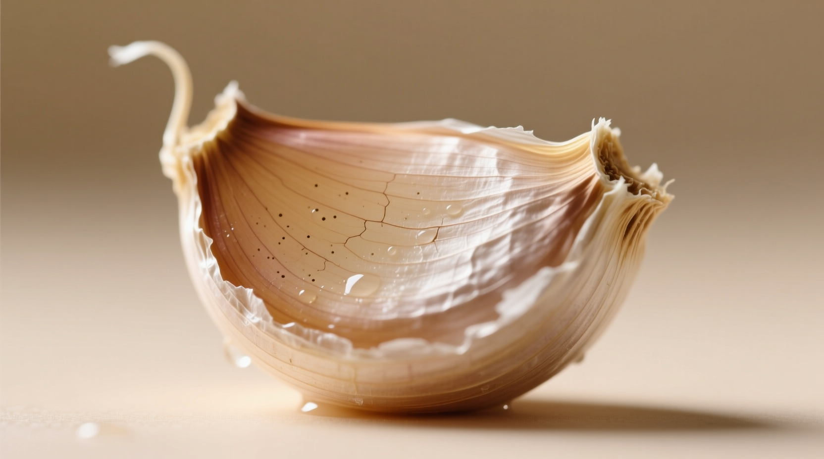 Close-up of fresh garlic clove with papery skin