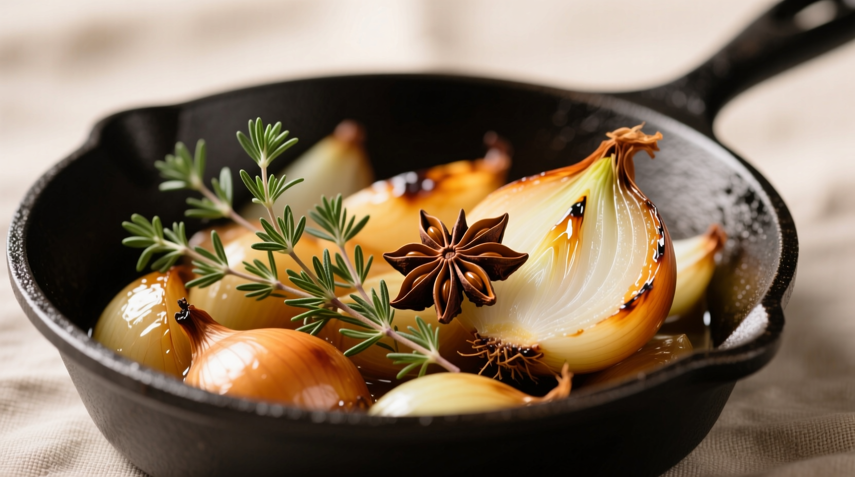 Close-up of thyme sprigs and optional star anise next to caramelized onions