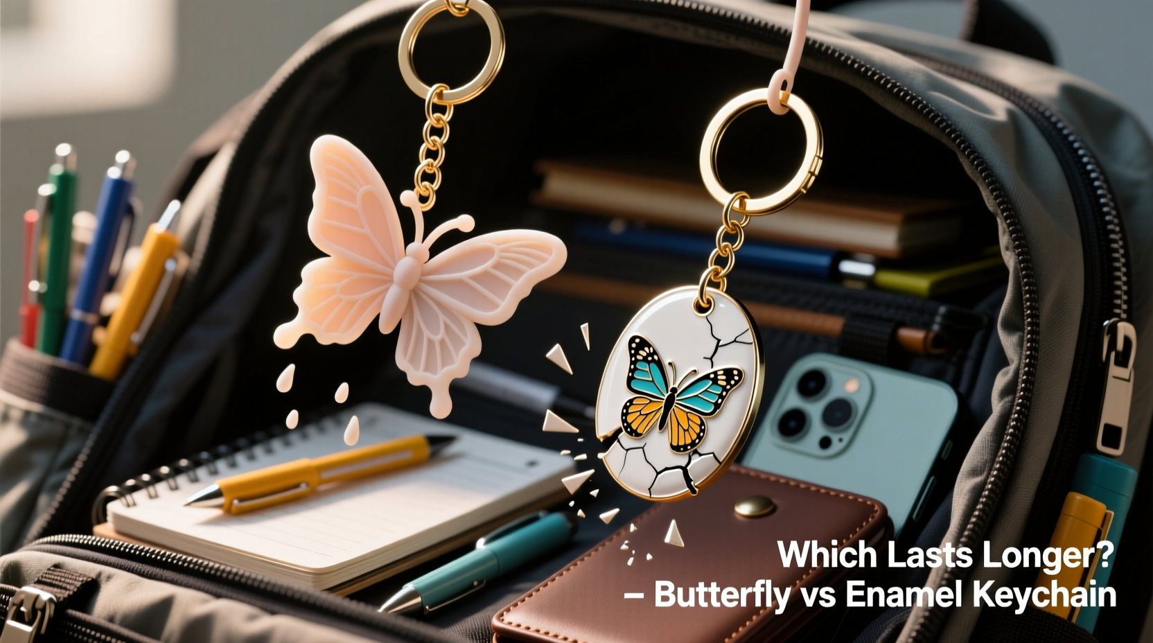 butterfly keychain vs enamel keychain which one is less likely to break in my bag