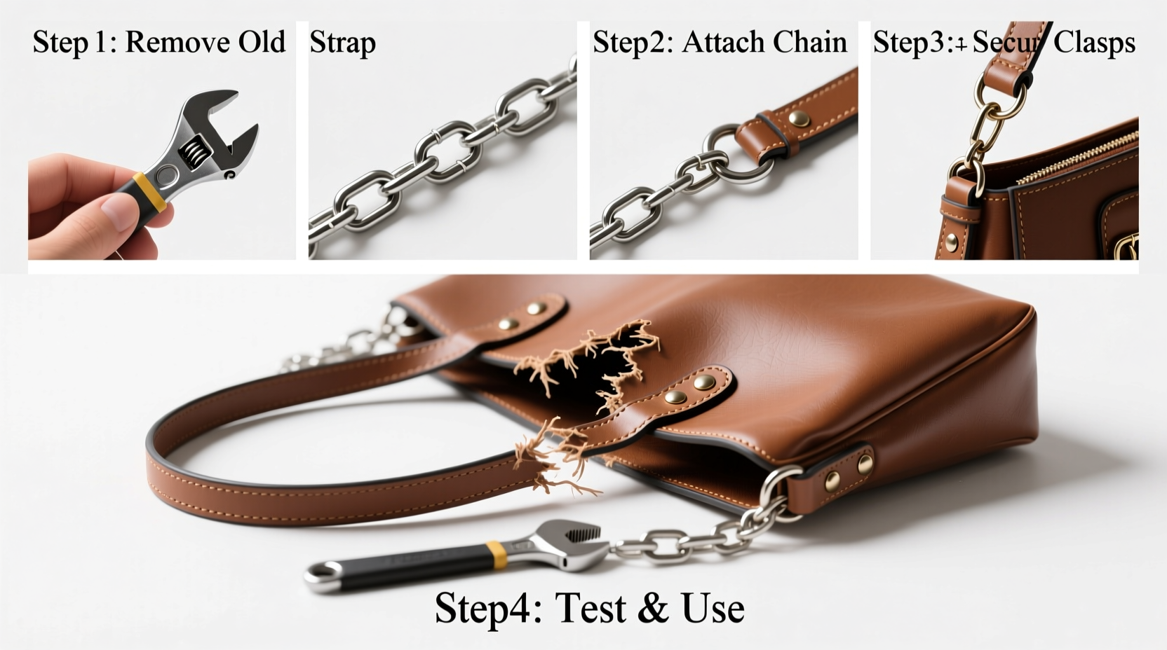 step by step guide to replacing a broken bag strap with a durable chain replacement