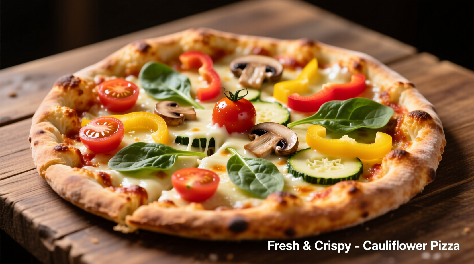 Cauliflower pizza crust with fresh vegetable toppings
