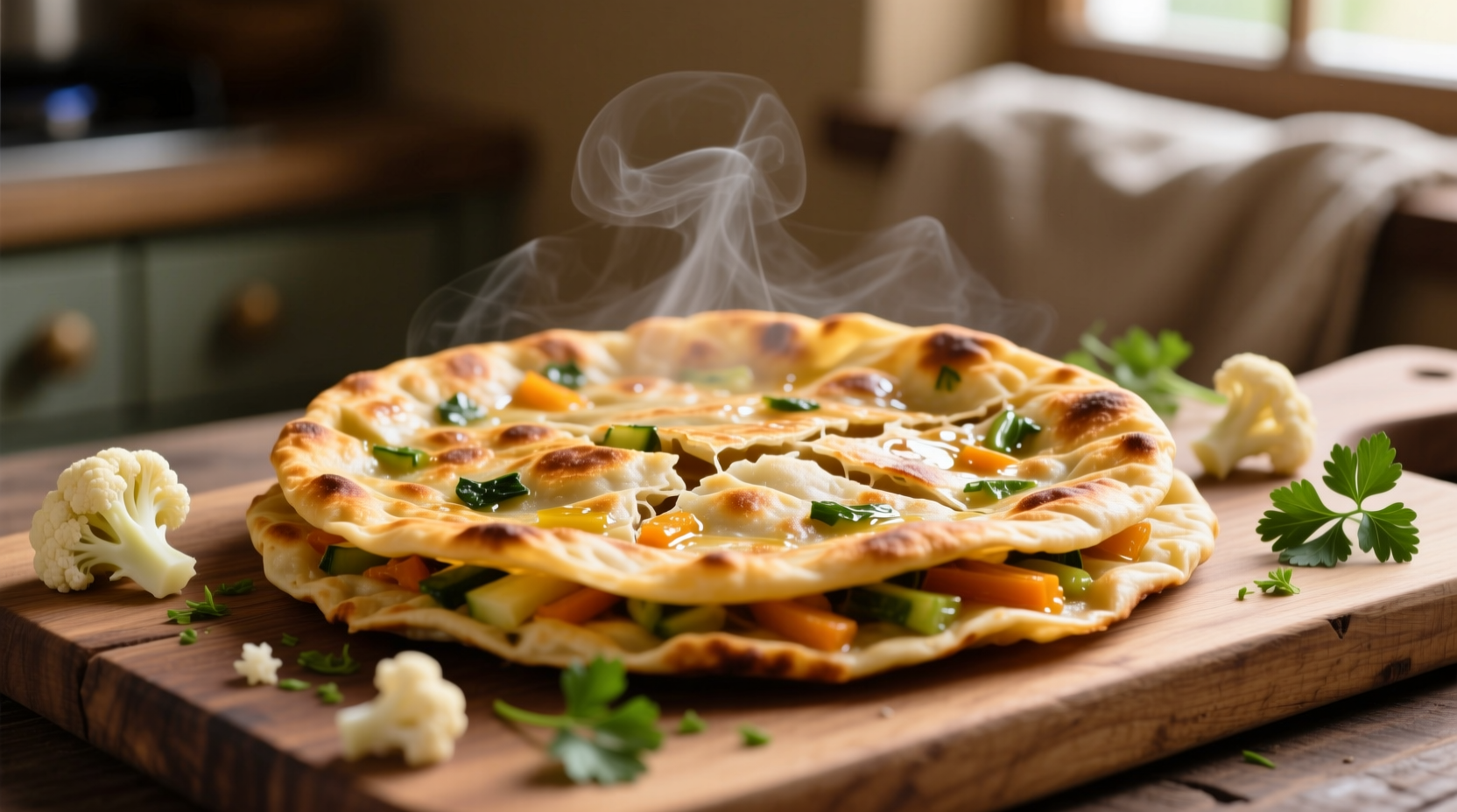 Golden cauliflower paratha with visible vegetable flecks