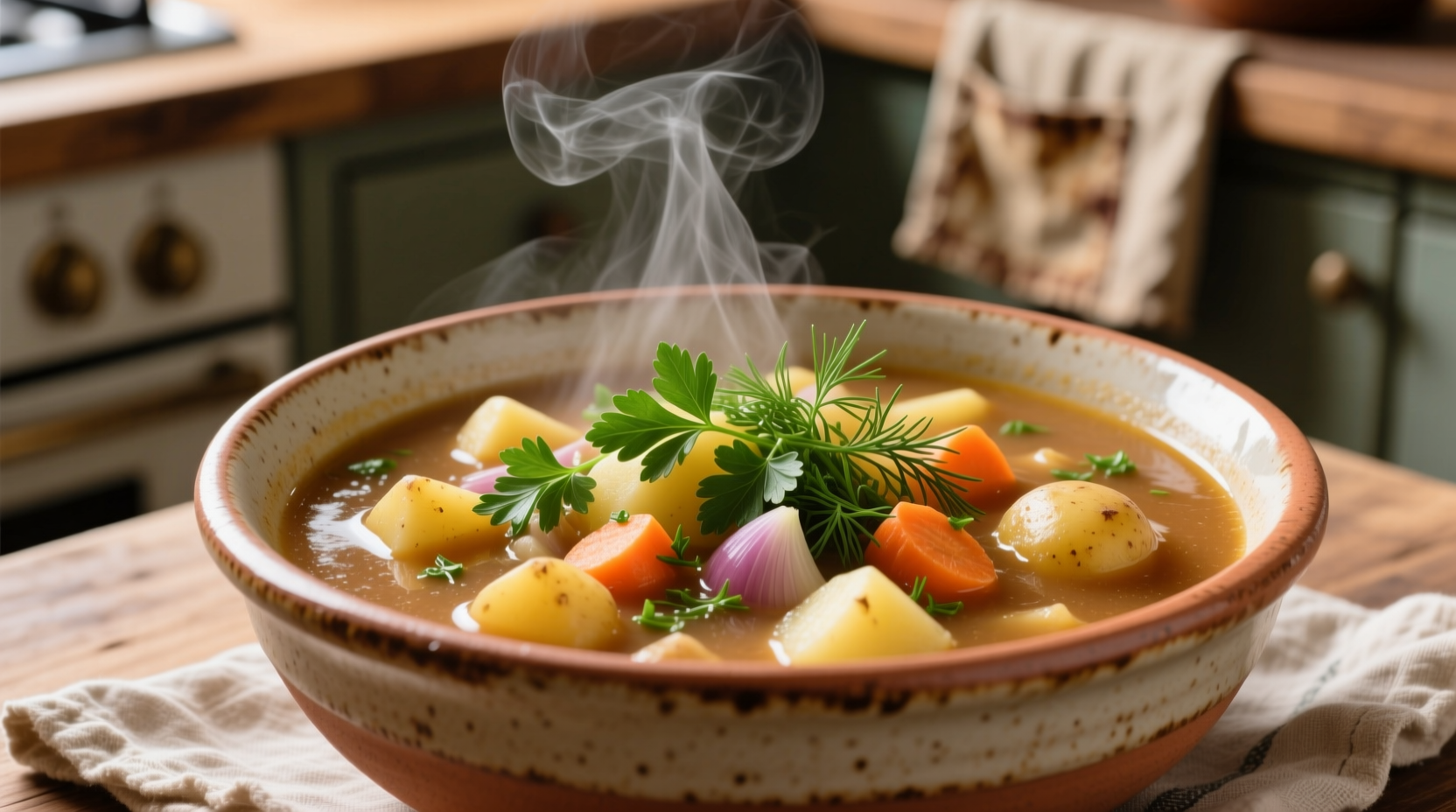 Hearty potato stew in ceramic bowl with fresh herbs