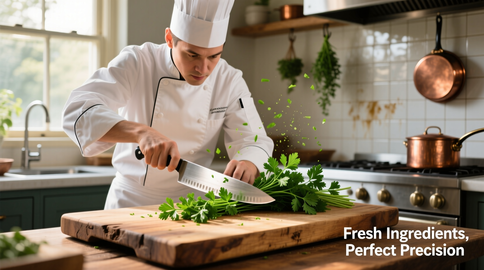 Professional chef cutting fresh parsley on wooden board