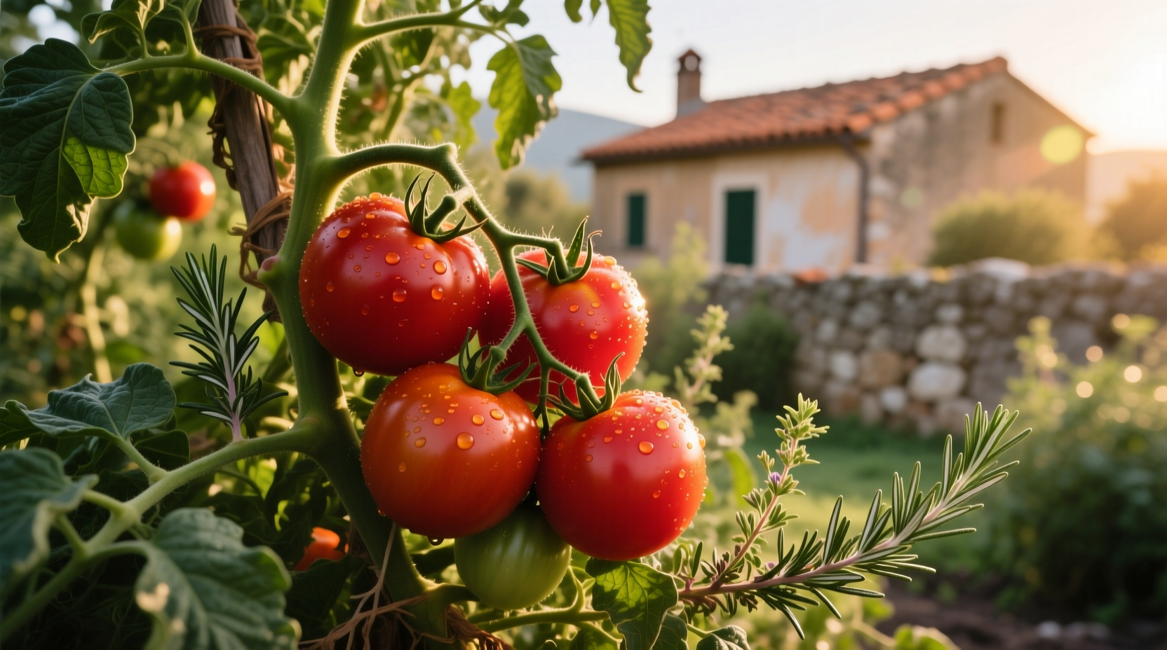 Ripe Pachino tomatoes on vine in Sicilian garden