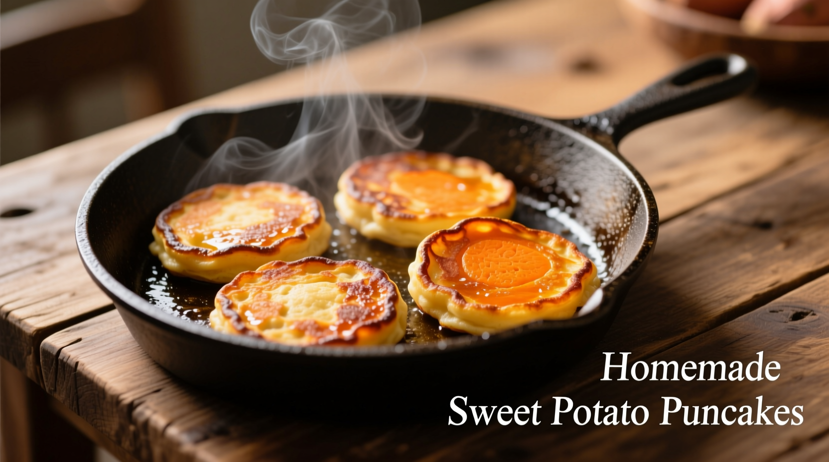 Golden sweet potato pancakes on cast iron skillet