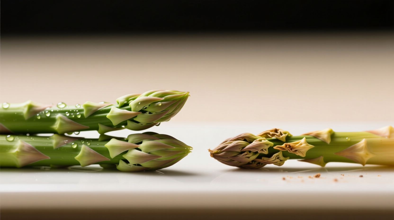 Close-up comparison of fresh vs. old asparagus showing firm stalks with tight tips versus limp, dry ends