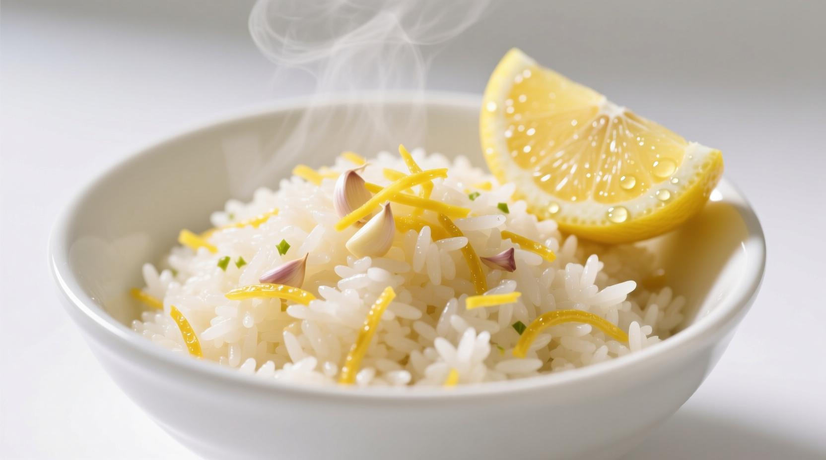 Fluffy lemon garlic rice in white bowl with fresh lemon wedge