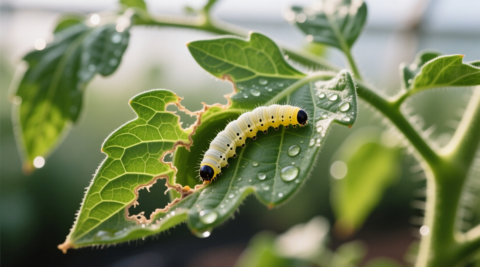 Tomato leafminer larvae feeding on tomato plant