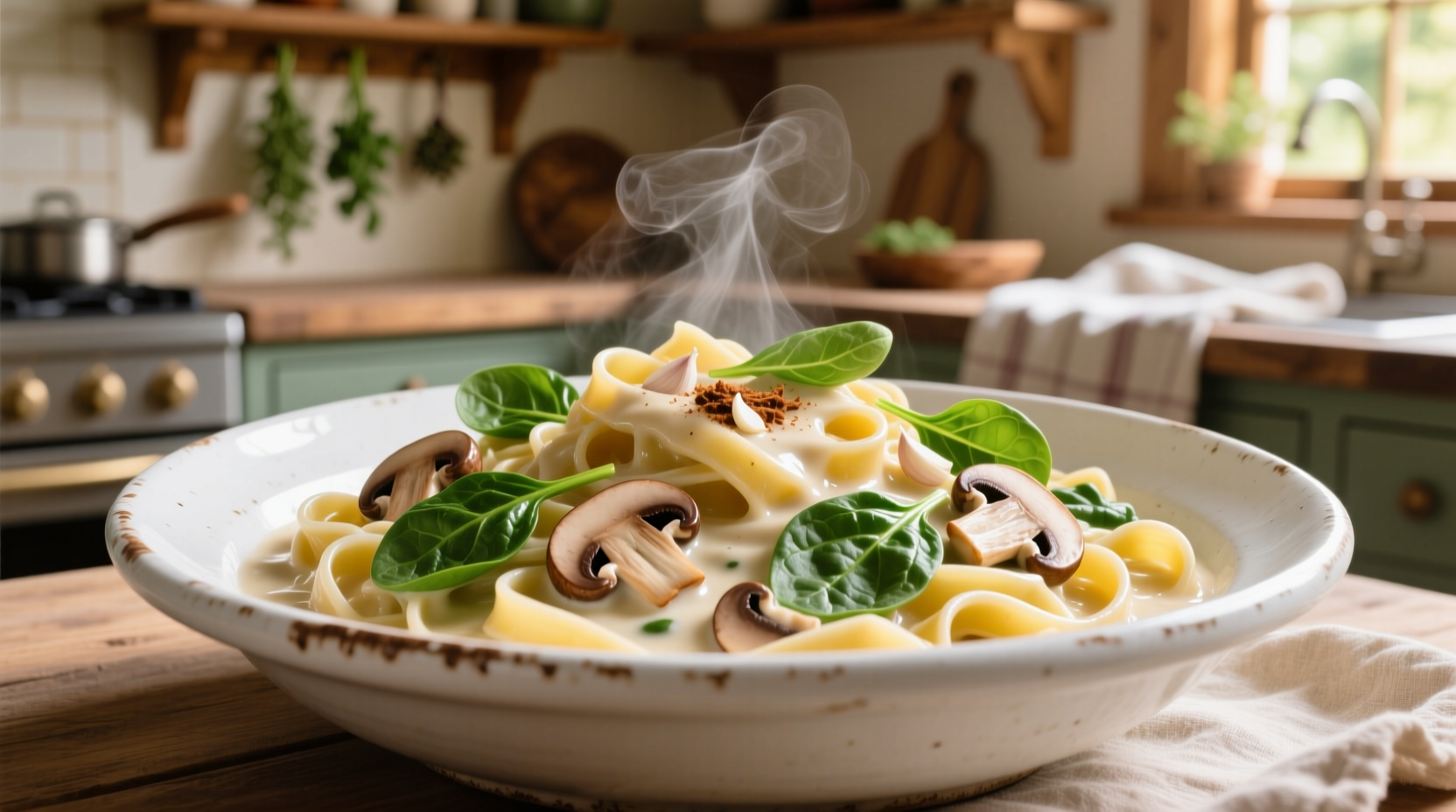 Creamy pasta with spinach and mushrooms in white bowl