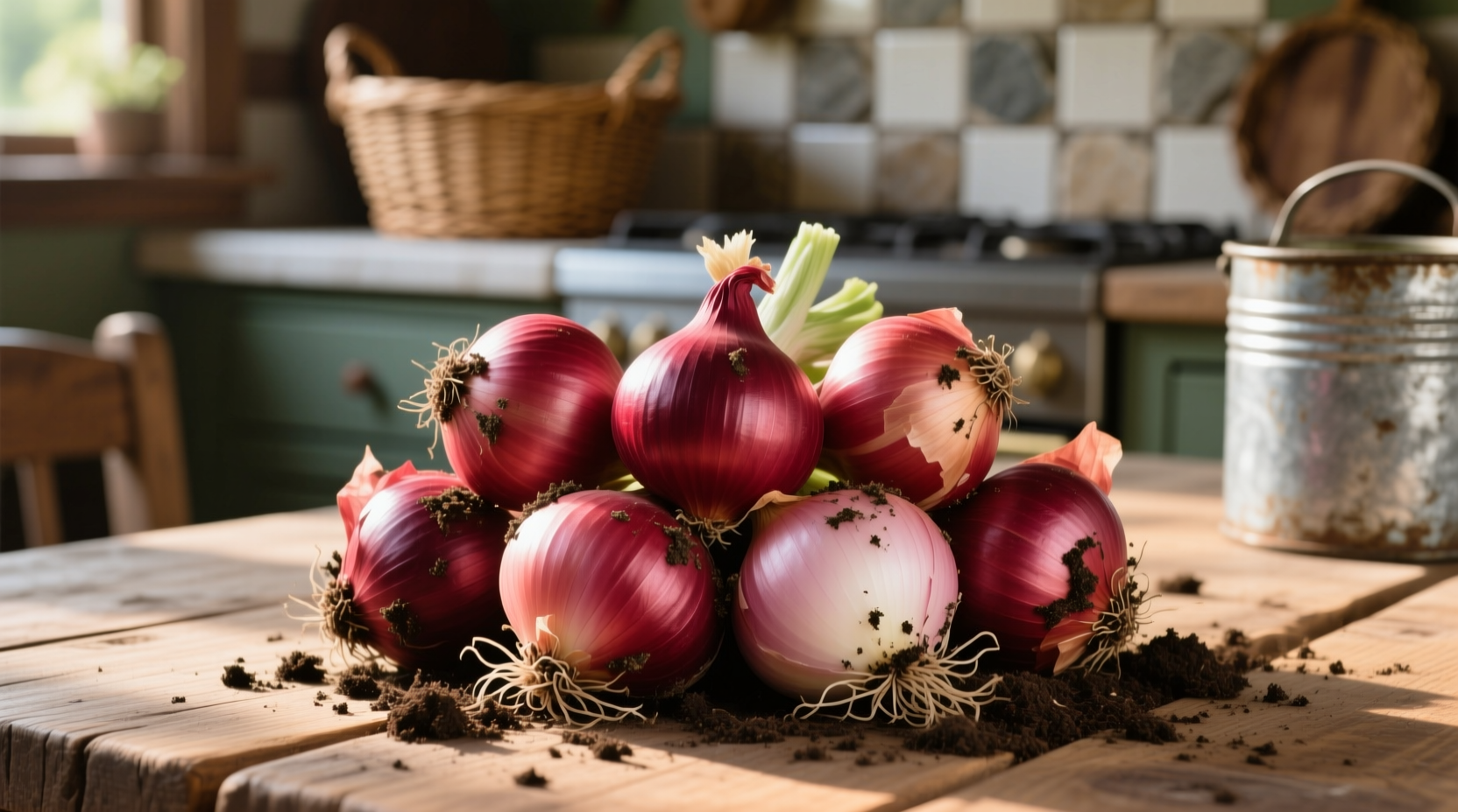 Fresh Illinois red onions with soil still visible