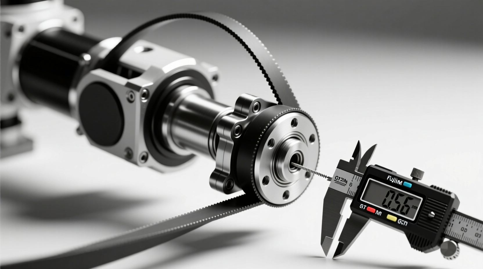 Close-up photo showing GT2 belt tensioning on robot arm joint with digital caliper measuring 0.1mm gap