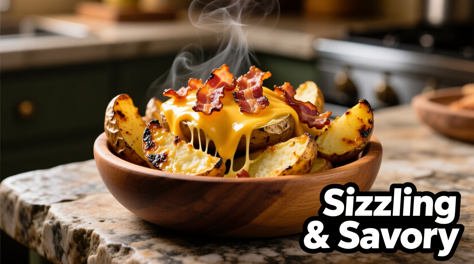 Golden grilled potato wedges with melted cheese and bacon