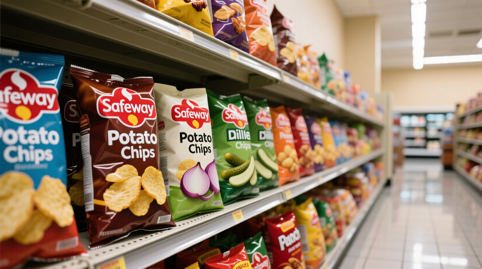 Safeway potato chips varieties on grocery shelf