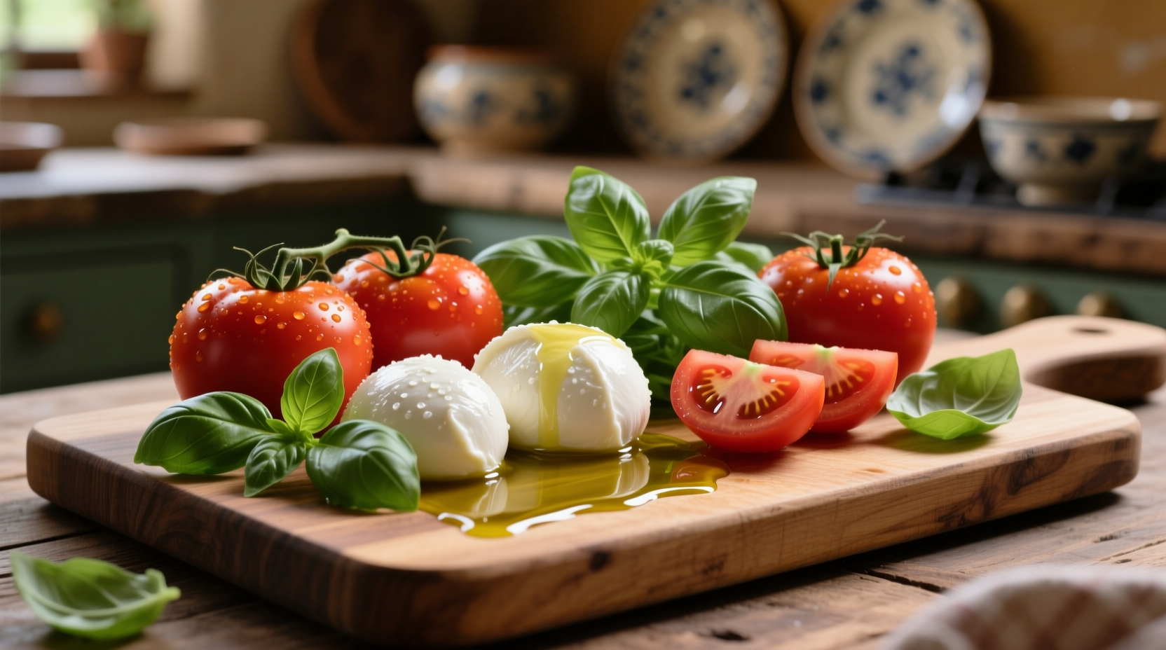Fresh mozzarella tomato basil ingredients arranged
