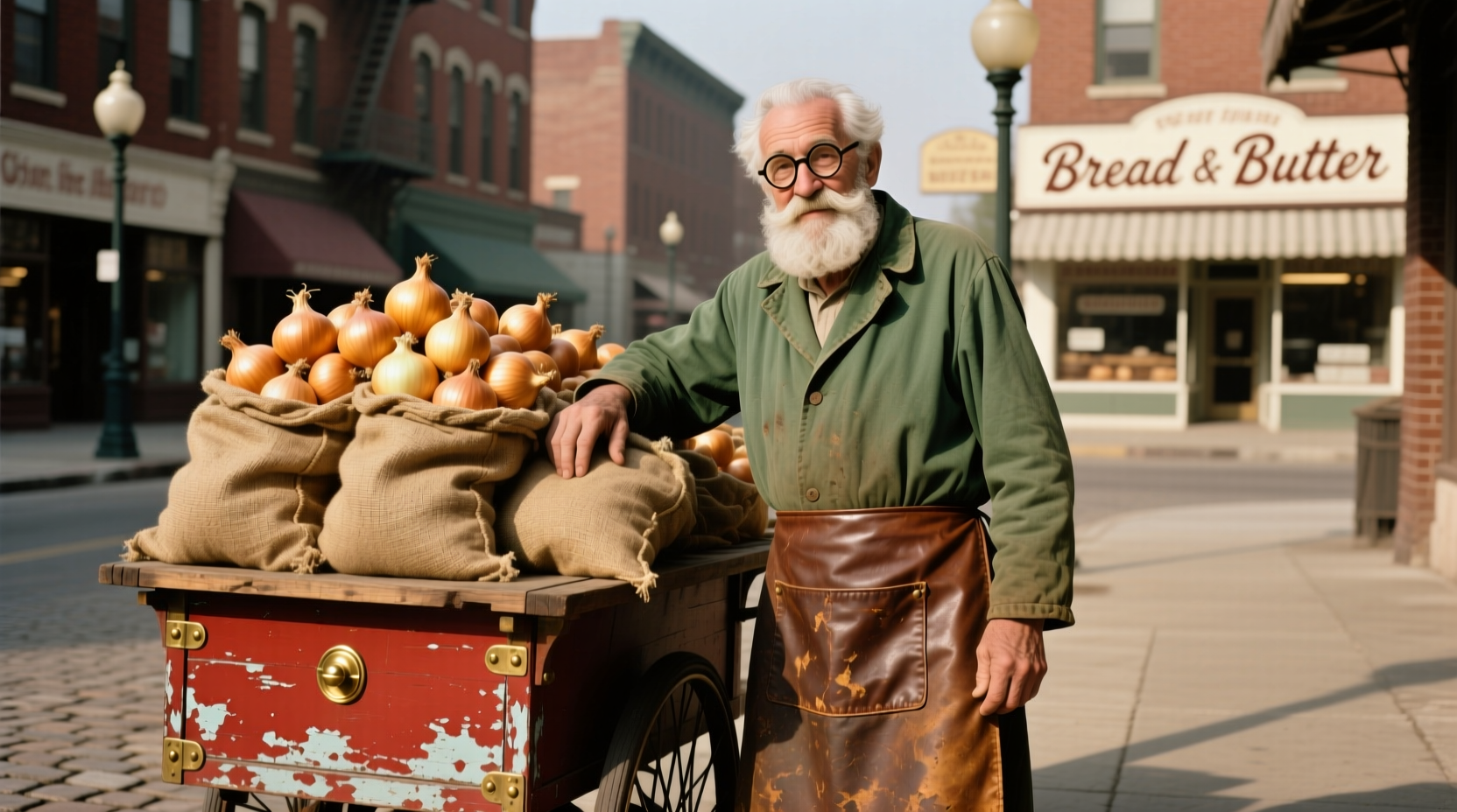 Vintage photo of Sam the Onion Man at his pushcart