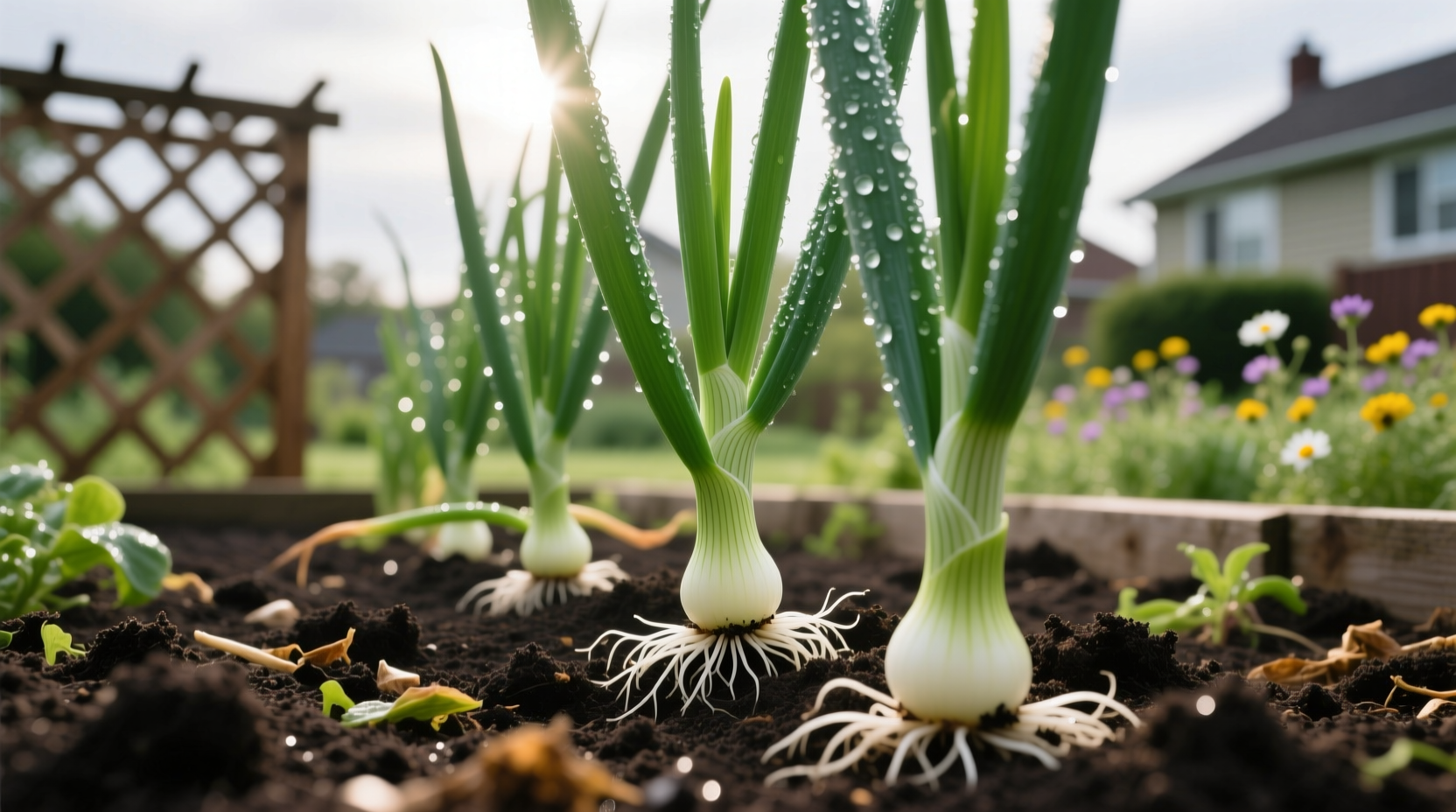 Healthy onion plants growing in garden soil