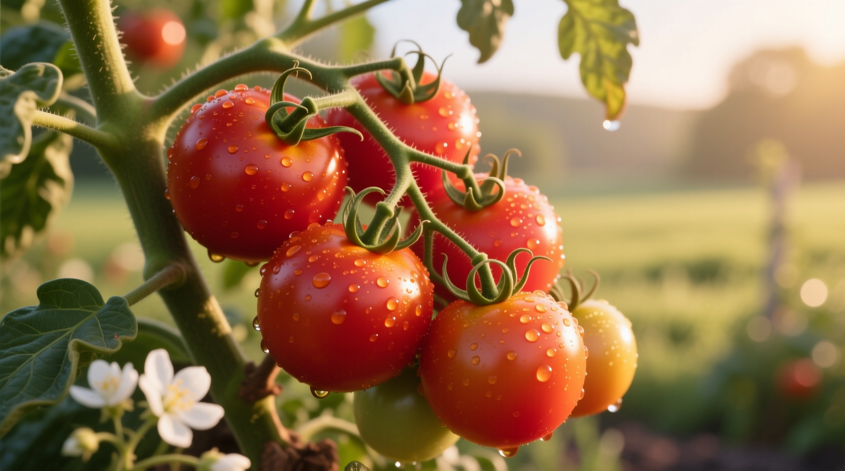Cluster of ripe Gardeners Delight tomatoes on vine