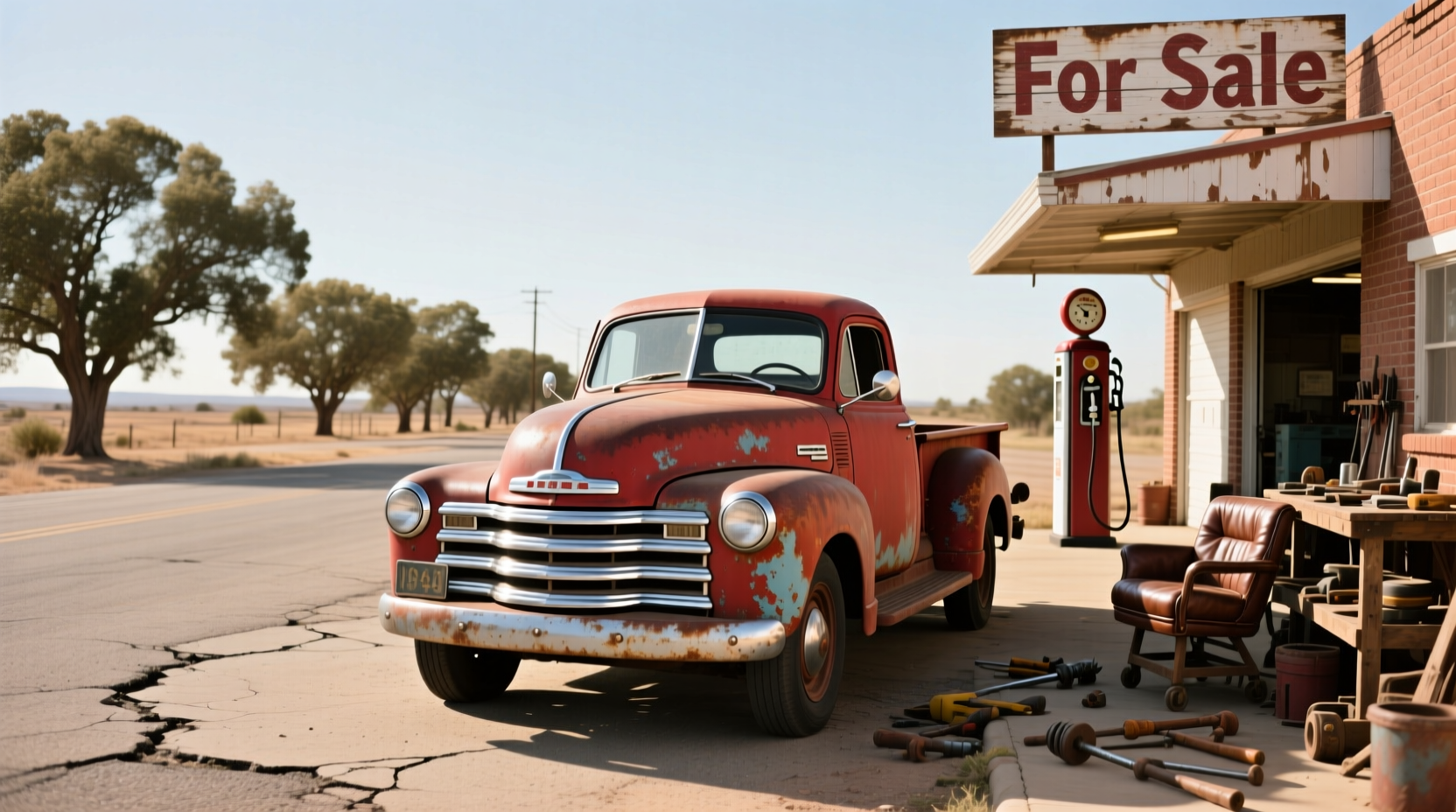 1946 Chevy pickup truck parked outdoors on gravel
