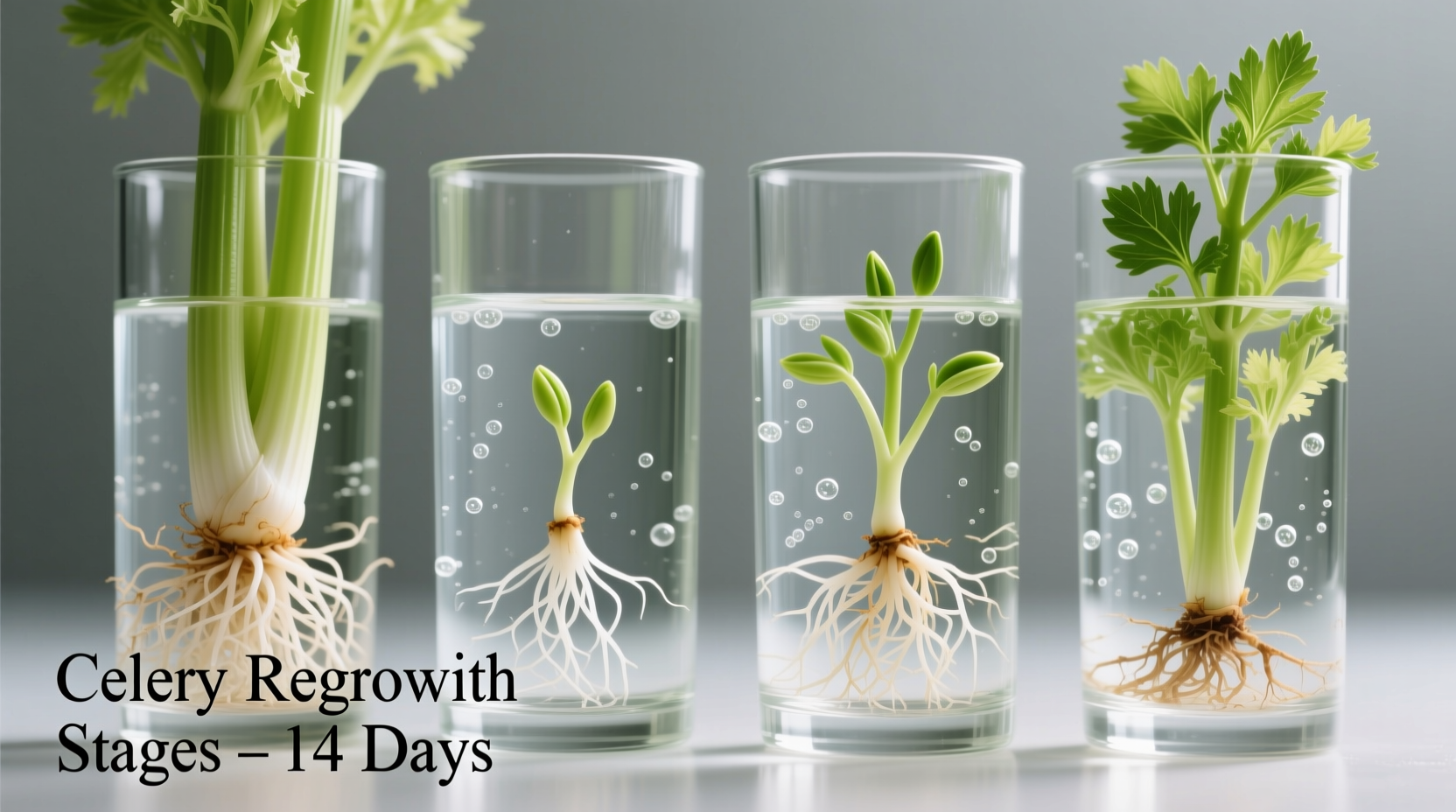 Celery regrowth stages in water container