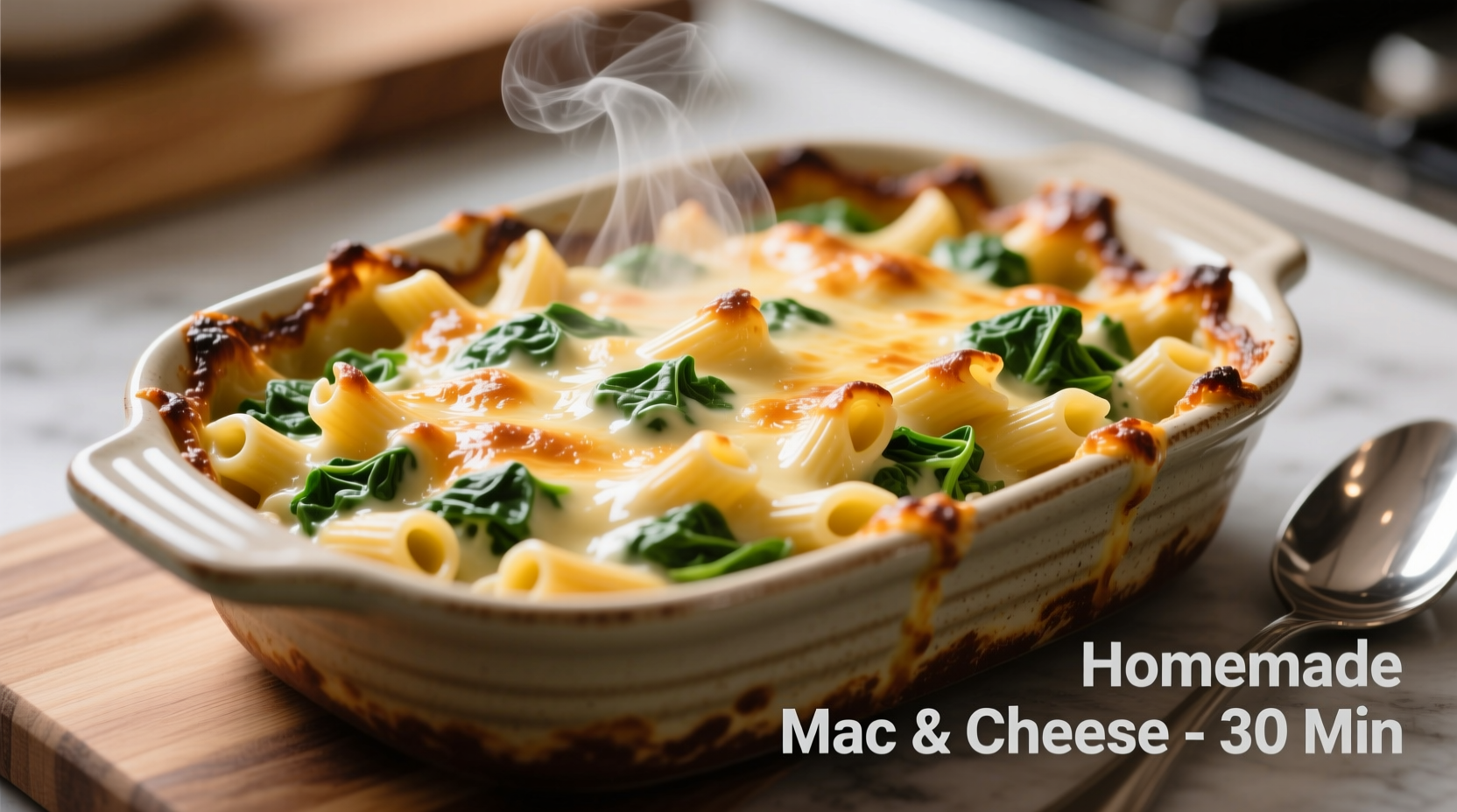 Creamy spinach mac and cheese in baking dish with golden crust