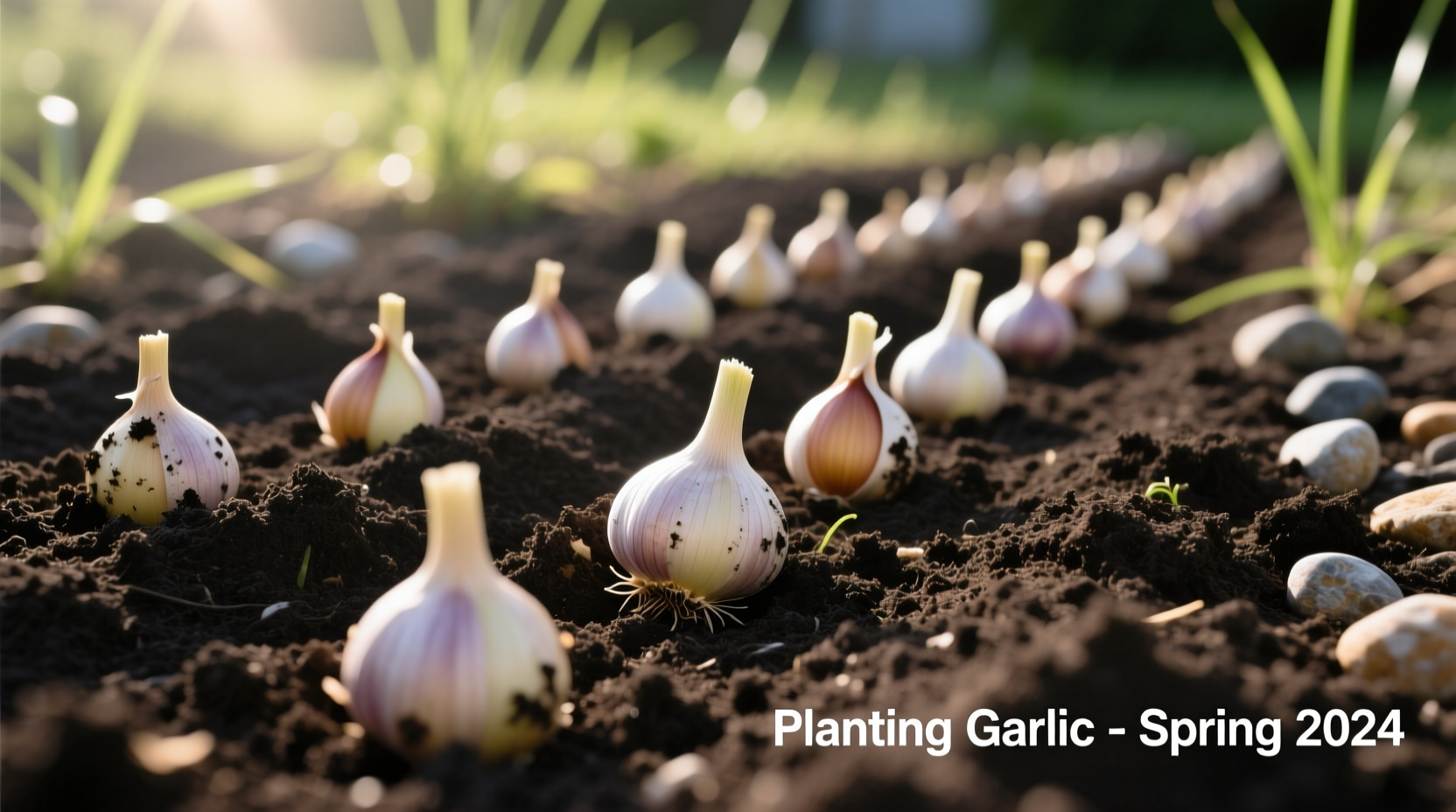Garlic cloves planted in garden soil with proper spacing