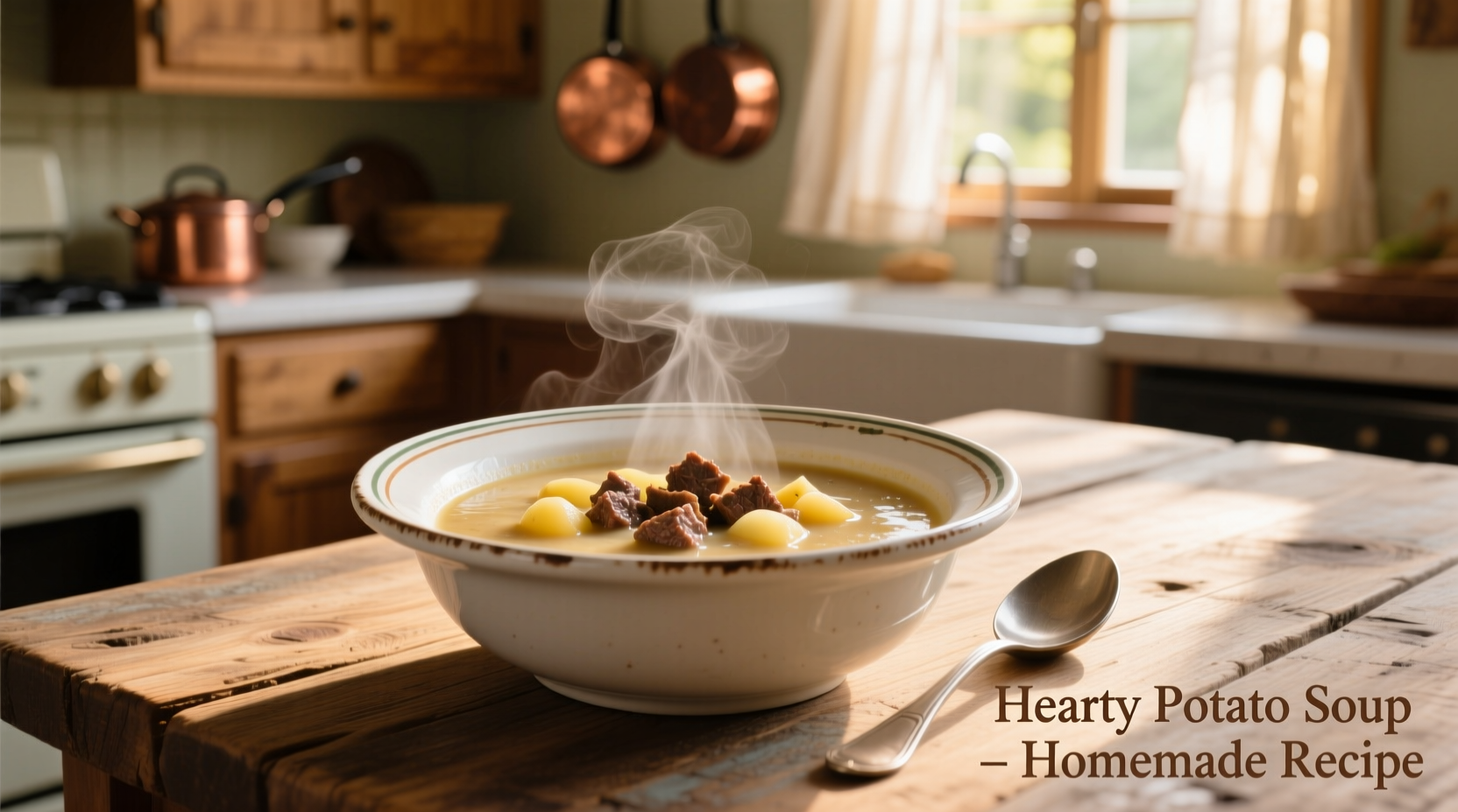 Hearty potato soup with ground beef in white bowl