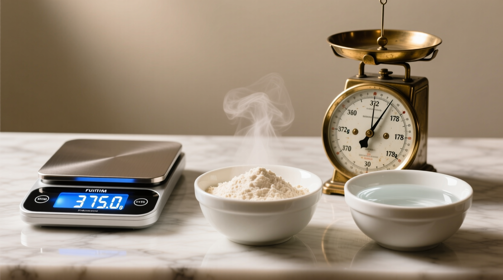 Side-by-side comparison: digital scale displaying '375.0 g' next to analog scale needle hovering between 372g and 378g, with flour and water measured beside identical mixing bowls