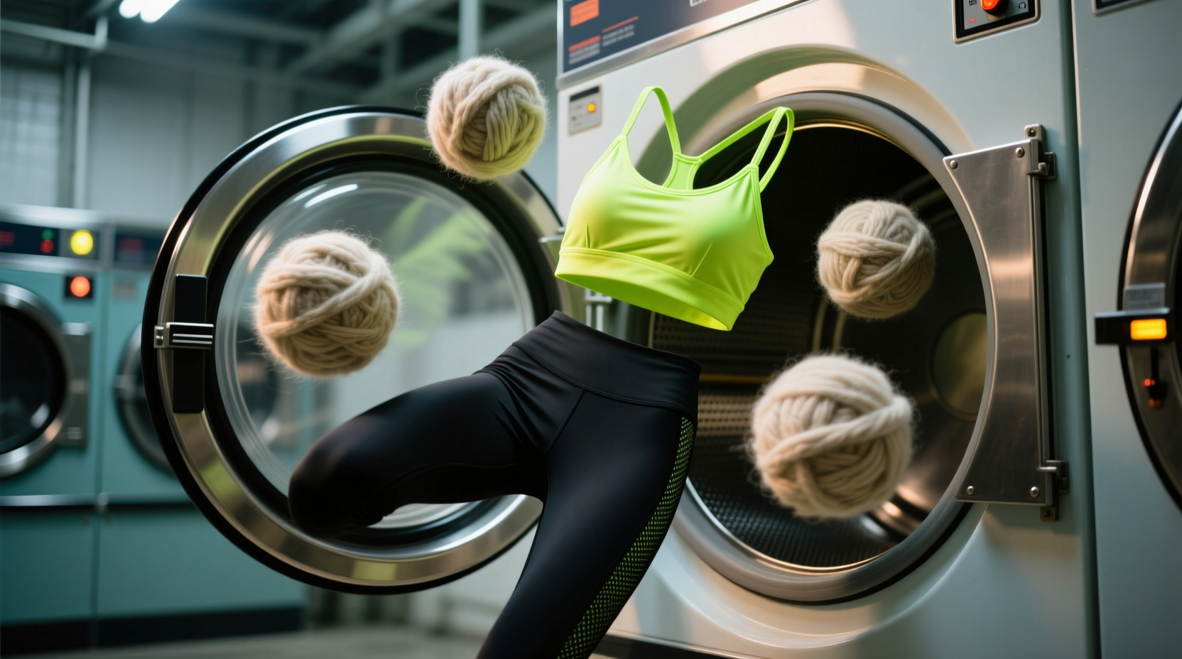 Four natural wool dryer balls tumbling freely inside a mid-cycle dryer with lightweight black synthetic leggings and a neon sports bra visibly separated—not clumped—around them