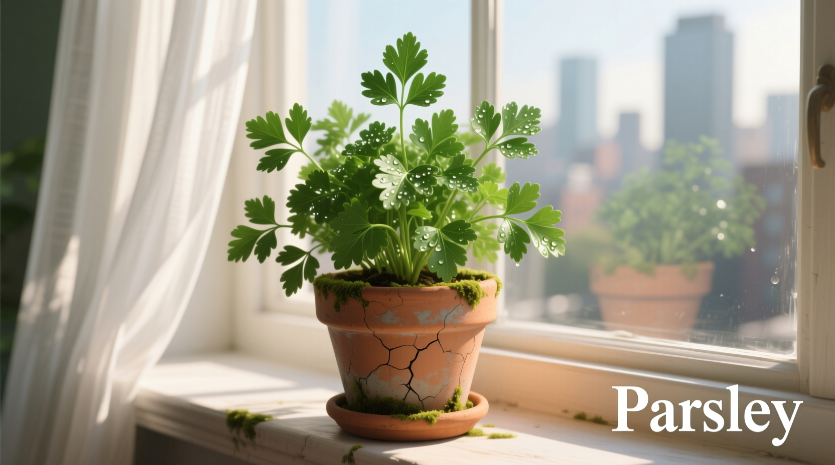Healthy parsley growing in terracotta pot on sunny windowsill