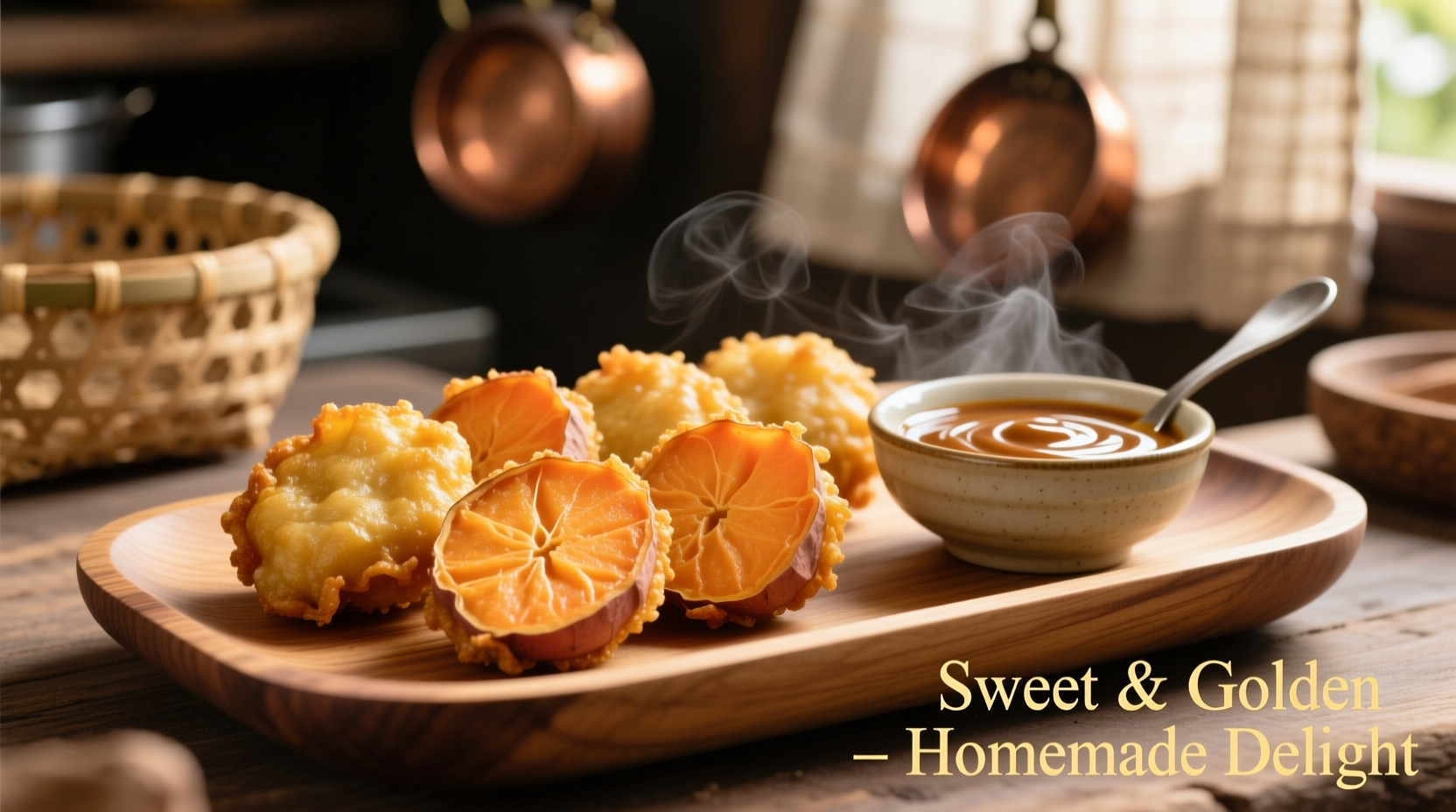 Golden sweet potato fritters on wooden platter with dipping sauce