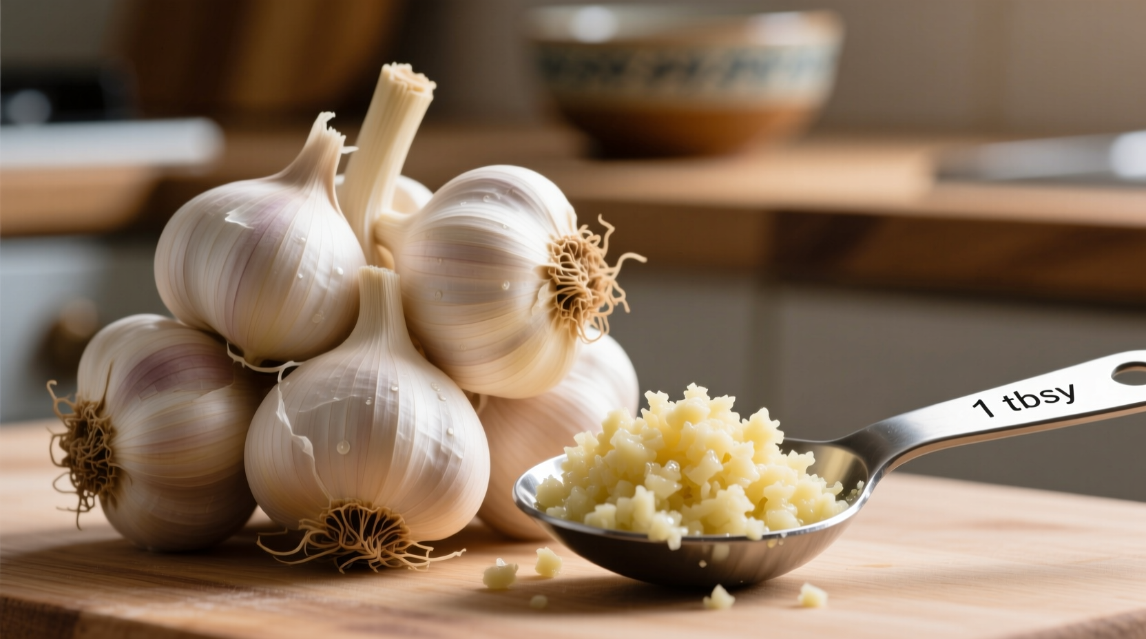 Fresh garlic cloves next to minced garlic in measuring spoon