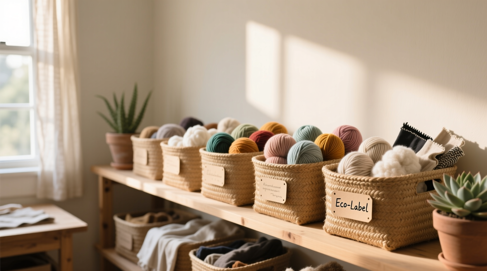 Eco-friendly plastic bins storing colorful yarn and fabric scraps in a sunlit craft room
