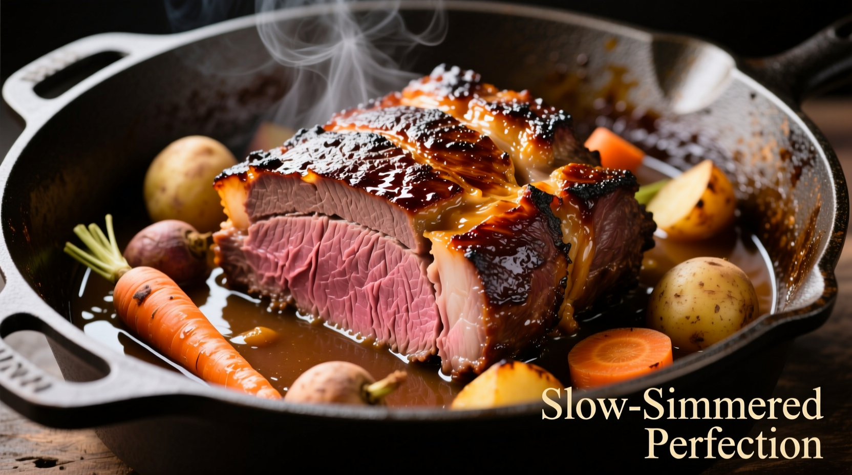 Perfectly seared pot roast with vegetables in Dutch oven