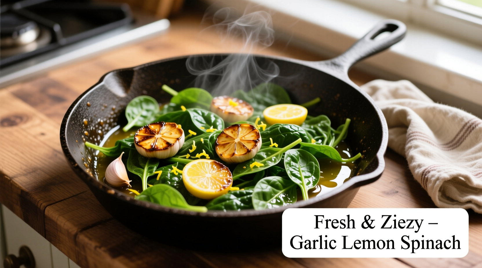 Fresh spinach sautéed with garlic and lemon sauce in cast iron skillet