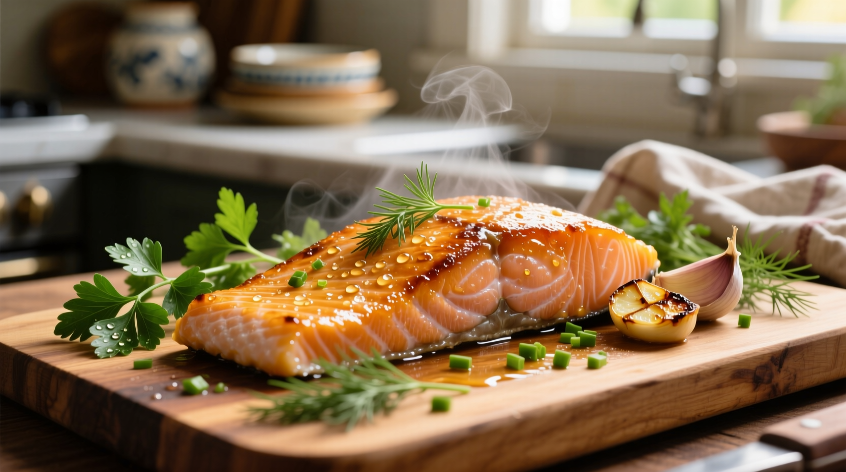 Pan-seared sockeye salmon with fresh herbs and garlic