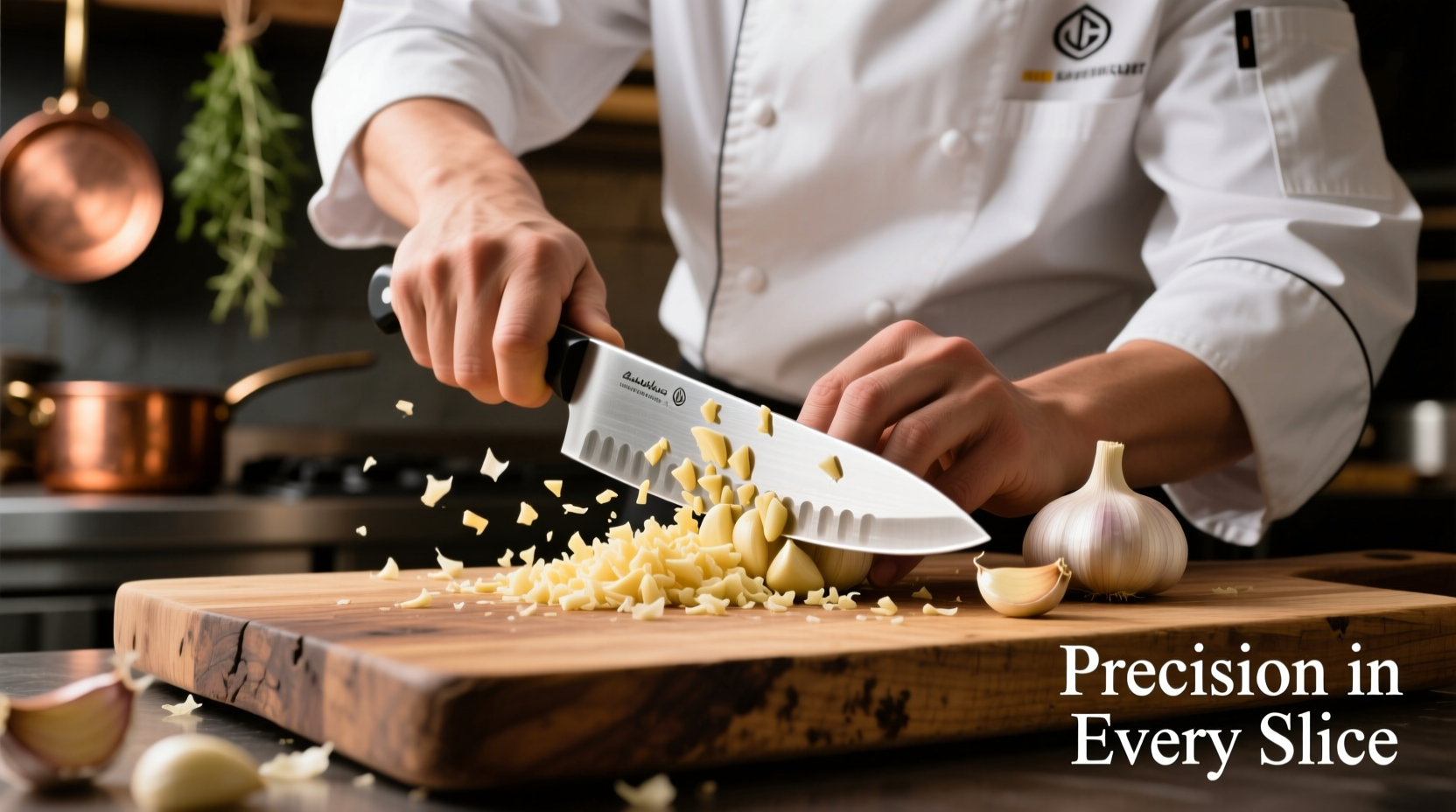 Professional chef mincing garlic with sharp knife on wooden cutting board